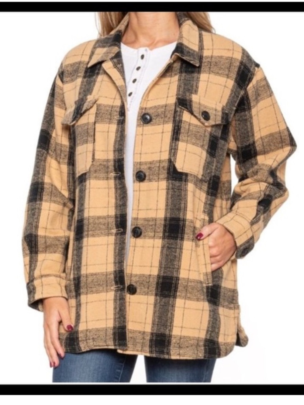 Lucky Brand Heavyweight Tan and Black Plaid Shacket 100% Cotton Large EUC